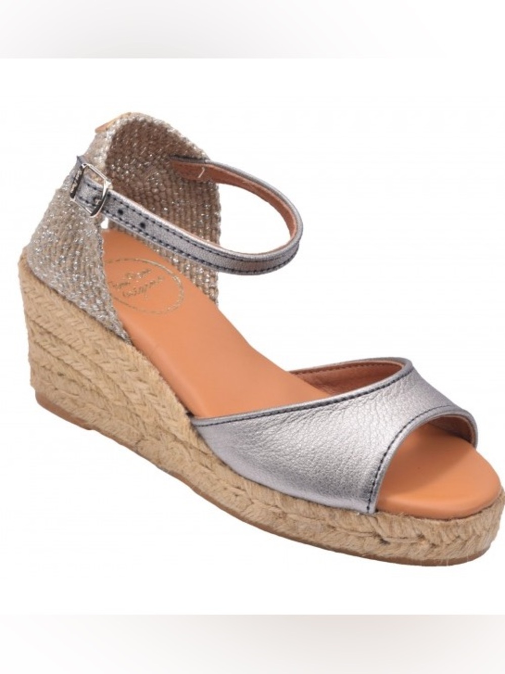 Toni Pons Llivia-P Wedge Espadrille Sandal in silver leather ankle strap size 10